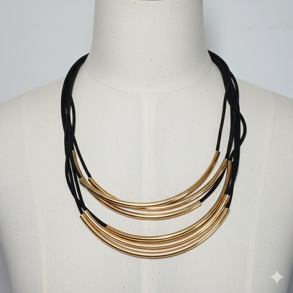 Brass 25" Artisan Necklace Tube Pipe on Elastic Cord Lobster Clasp Gold Black